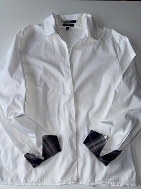 Burberry White Button-Up Shirt with Plaid Cuff Detail